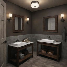 A bathroom styled in a manner suited to Dean Winchester from Supernatural, featuring hints of a Geralt from The Witcher theme.