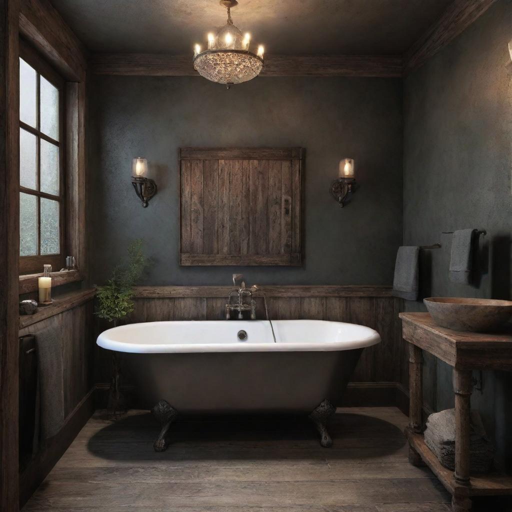 A bathroom styled in a manner suited to Dean Winchester from Supernatural, featuring hints of a Geralt from The Witcher theme.