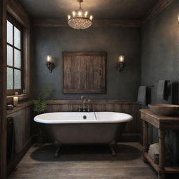 A bathroom styled in a manner suited to Dean Winchester from Supernatural, featuring hints of a Geralt from The Witcher theme.