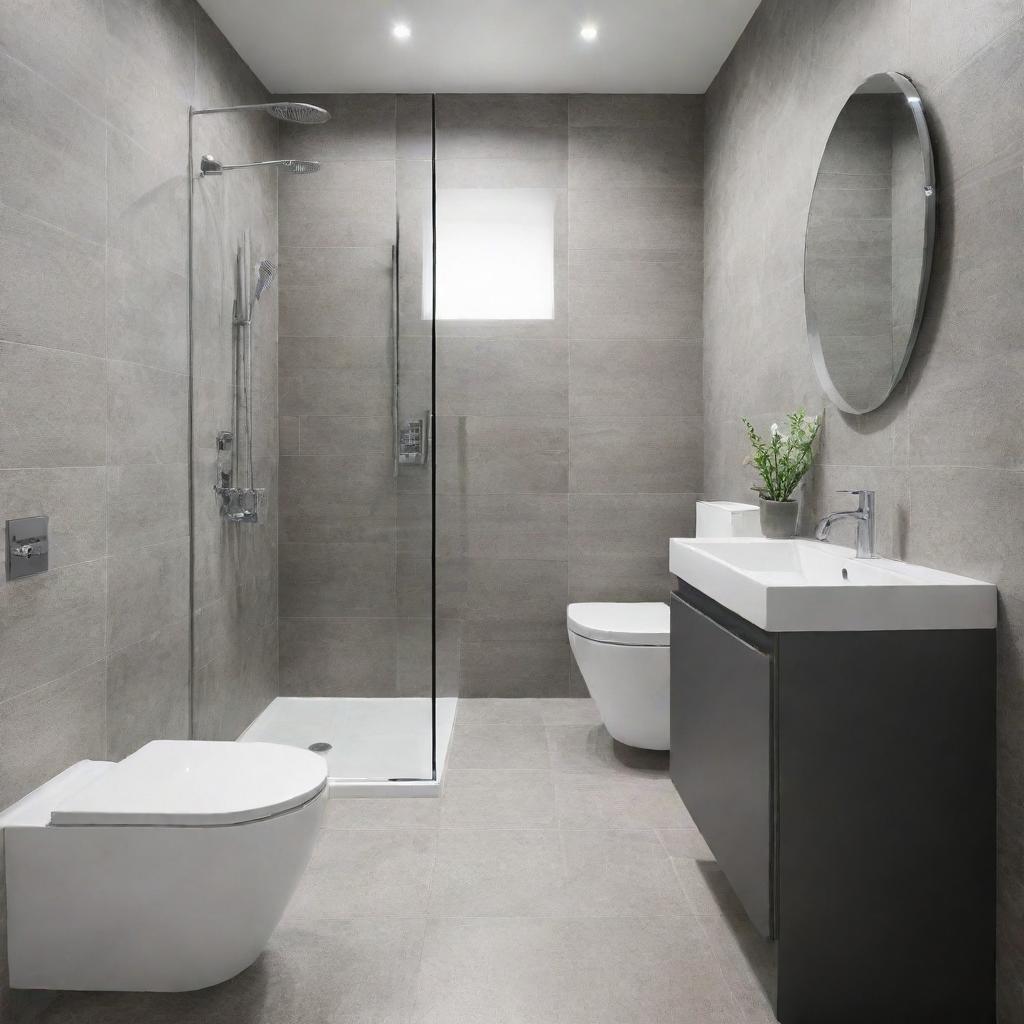 A sleek and modern bathroom design within a 4 by 7-foot space, featuring a walk-in shower, vanity unit, and immaculate tiles.