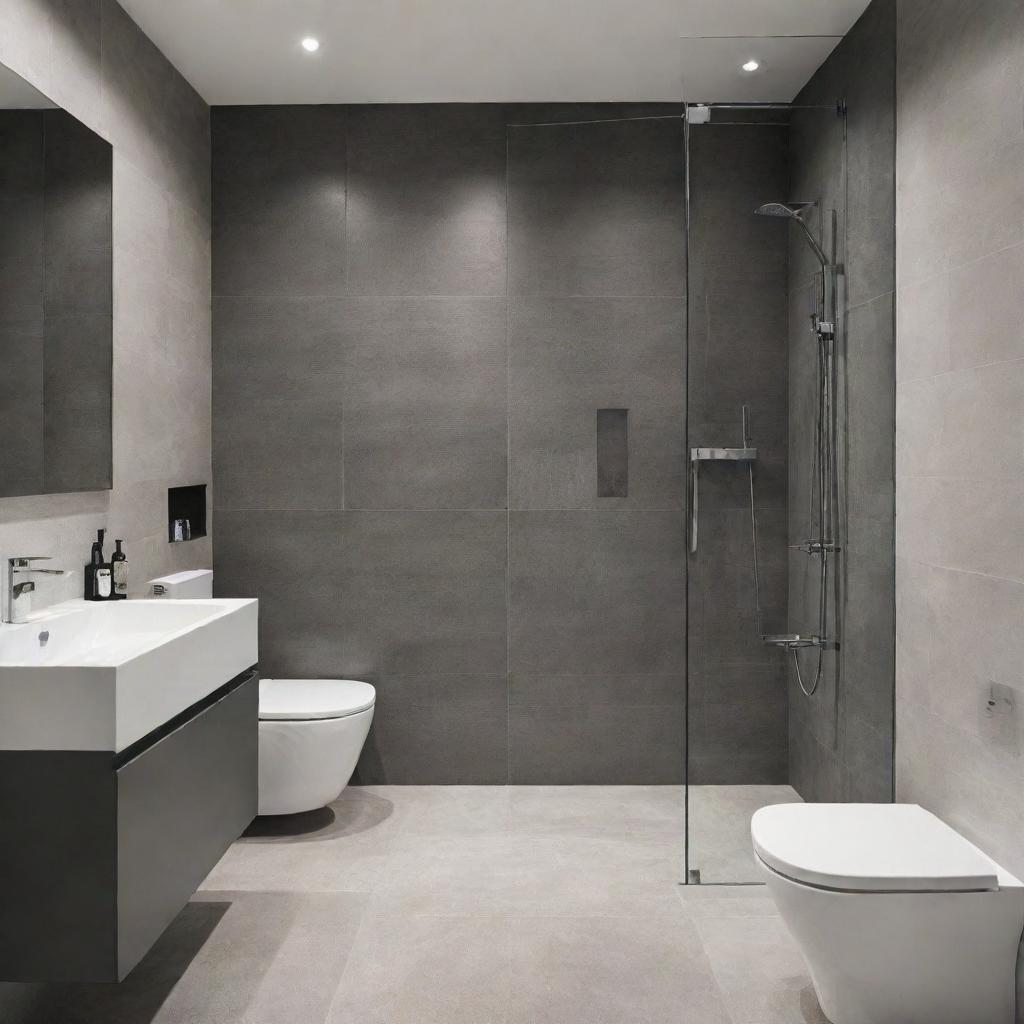 A sleek and modern bathroom design within a 4 by 7-foot space, featuring a walk-in shower, vanity unit, and immaculate tiles.