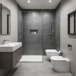 A sleek and modern bathroom design within a 4 by 7-foot space, featuring a walk-in shower, vanity unit, and immaculate tiles.