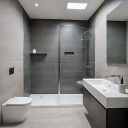 A sleek and modern bathroom design within a 4 by 7-foot space, featuring a walk-in shower, vanity unit, and immaculate tiles.