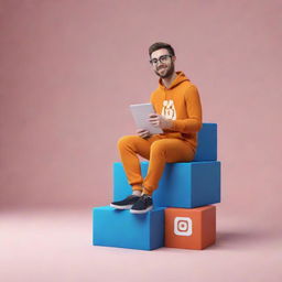 Create a 3D illustration of an animated character sitting casually on top of the Instagram logo.