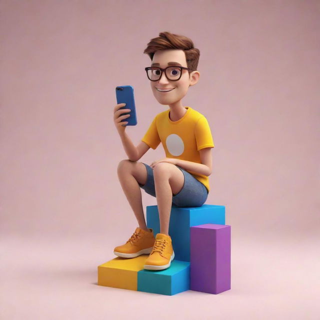 Create a 3D illustration of an animated character sitting casually on top of the Instagram logo.