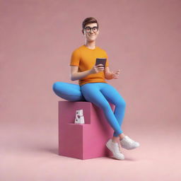 Create a 3D illustration of an animated character sitting casually on top of the Instagram logo.