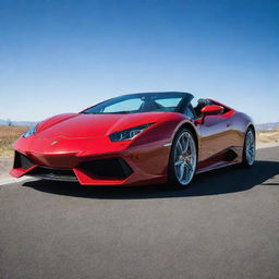 A powerful bull stands majestically atop a shiny, red Lamborghini sports car without damaging it, under a clear blue sky.