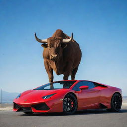 A powerful bull stands majestically atop a shiny, red Lamborghini sports car without damaging it, under a clear blue sky.