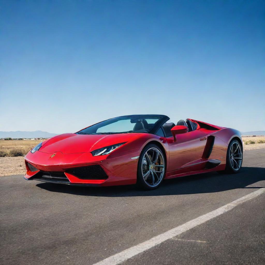 A powerful bull stands majestically atop a shiny, red Lamborghini sports car without damaging it, under a clear blue sky.