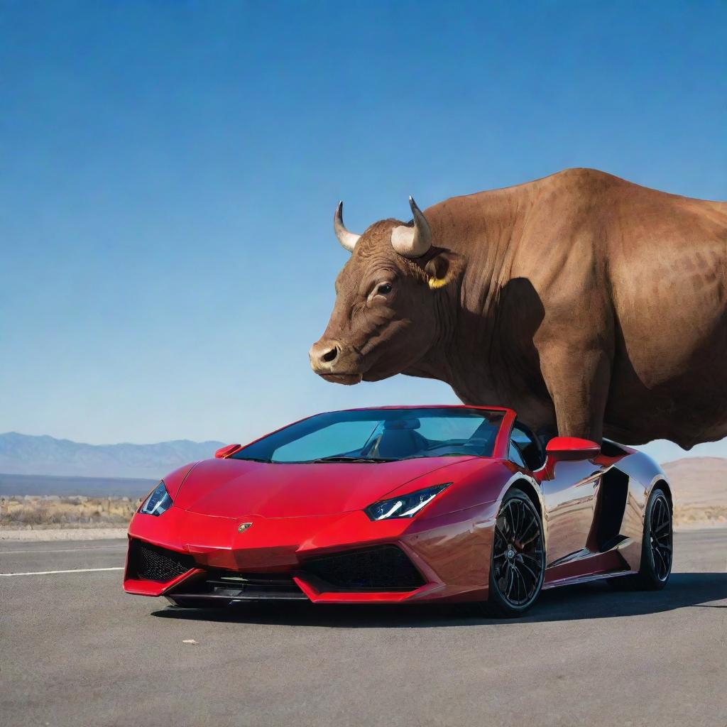 A powerful bull stands majestically atop a shiny, red Lamborghini sports car without damaging it, under a clear blue sky.