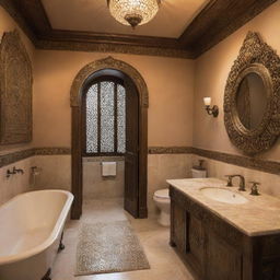 A 7*4 feet bathroom designed in traditional Indian style with ornate accents and fittings, bathed in warm, inviting light.