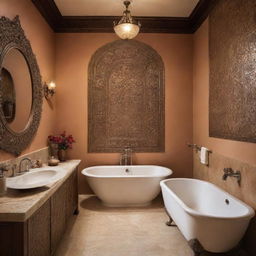 A 7*4 feet bathroom designed in traditional Indian style with ornate accents and fittings, bathed in warm, inviting light.