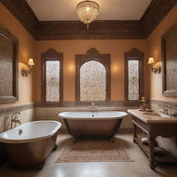 A 7*4 feet bathroom designed in traditional Indian style with ornate accents and fittings, bathed in warm, inviting light.