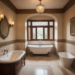 A 7*4 feet bathroom designed in traditional Indian style with ornate accents and fittings, bathed in warm, inviting light.