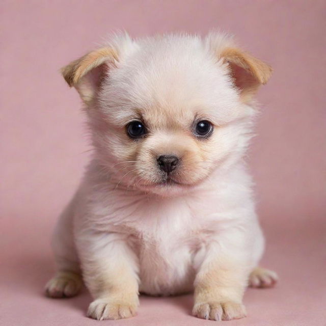 A small puppy displaying signs of anger, with its fur in a soft, gentle shade of baby pink.