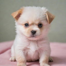 A small puppy displaying signs of anger, with its fur in a soft, gentle shade of baby pink.