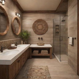 Design a 7*4 feet bathroom incorporating elements of Middle Clans Indian Style, including natural materials, symbolic patterns, and earthy colors.