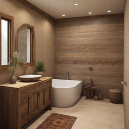 Design a 7*4 feet bathroom incorporating elements of Middle Clans Indian Style, including natural materials, symbolic patterns, and earthy colors.