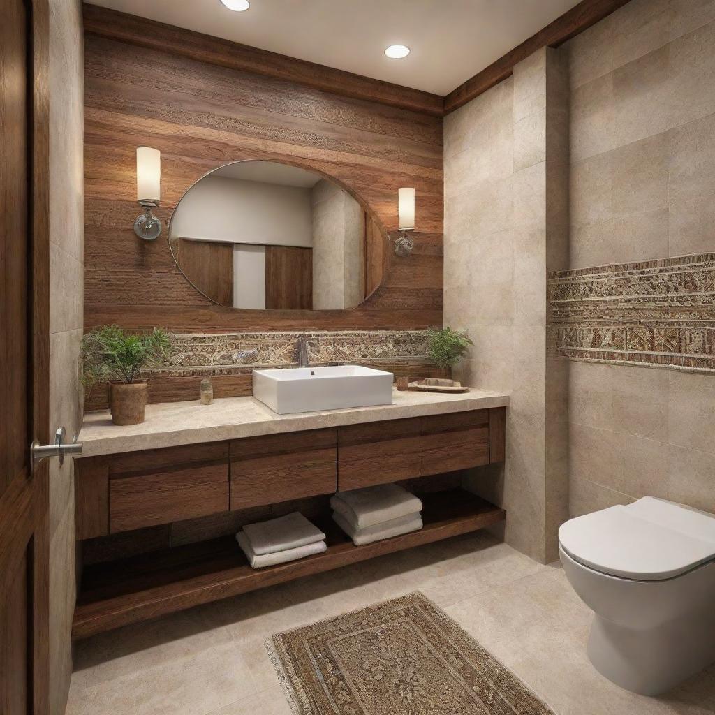 Design a 7*4 feet bathroom incorporating elements of Middle Clans Indian Style, including natural materials, symbolic patterns, and earthy colors.
