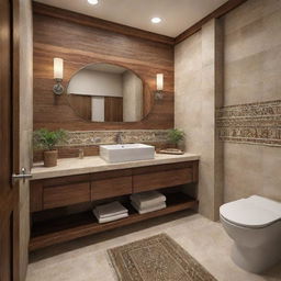 Design a 7*4 feet bathroom incorporating elements of Middle Clans Indian Style, including natural materials, symbolic patterns, and earthy colors.