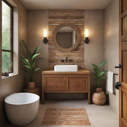 Design a 7*4 feet bathroom incorporating elements of Middle Clans Indian Style, including natural materials, symbolic patterns, and earthy colors.