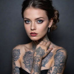 A girl adorned with intricate, high-contrast tattoos and glamorous, sparkling jewelry, radiating self-expression and style in a visually captivating setting.