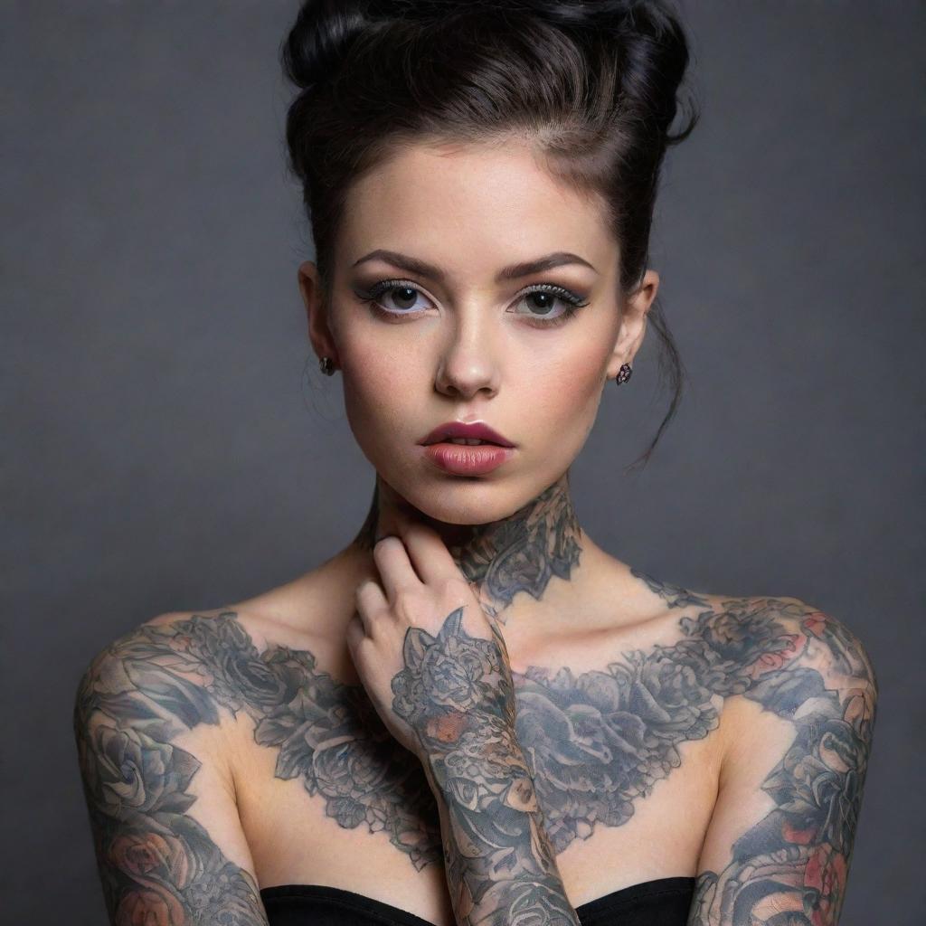 A girl adorned with intricate, high-contrast tattoos and glamorous, sparkling jewelry, radiating self-expression and style in a visually captivating setting.