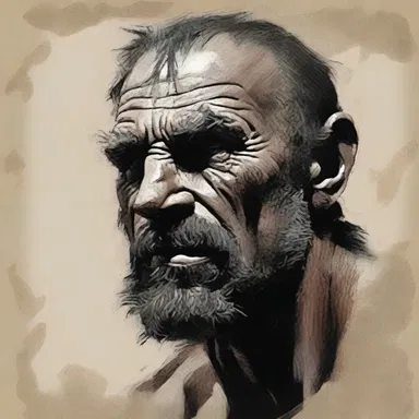 The artist used a coarse-grained technique to depict the character's rugged and rough appearance.