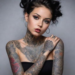 A girl adorned with intricate, high-contrast tattoos and glamorous, sparkling jewelry, radiating self-expression and style in a visually captivating setting.