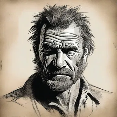 The artist used a coarse-grained technique to depict the character's rugged and rough appearance.