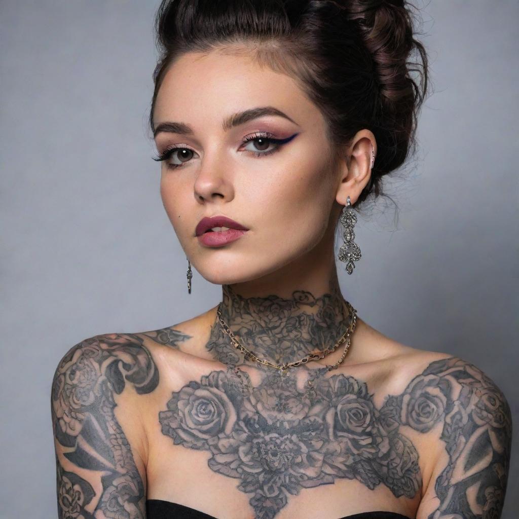 A girl adorned with intricate, high-contrast tattoos and glamorous, sparkling jewelry, radiating self-expression and style in a visually captivating setting.