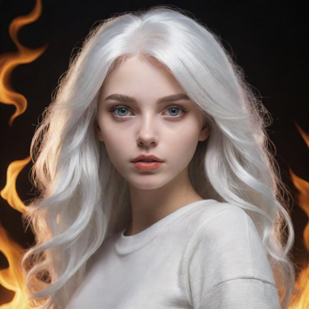 A girl with wide, vacant white eyes and white hair ablaze, leaning towards the unseen fourth wall. Blend the style between realistic and cartoonish.