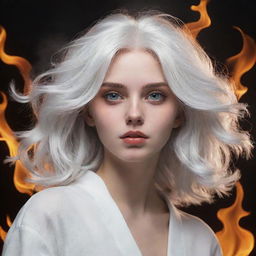 A girl with wide, vacant white eyes and white hair ablaze, leaning towards the unseen fourth wall. Blend the style between realistic and cartoonish.