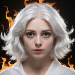 A girl with wide, vacant white eyes and white hair ablaze, leaning towards the unseen fourth wall. Blend the style between realistic and cartoonish.