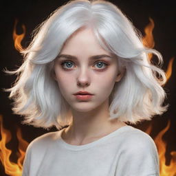 A girl with wide, vacant white eyes and white hair ablaze, leaning towards the unseen fourth wall. Blend the style between realistic and cartoonish.