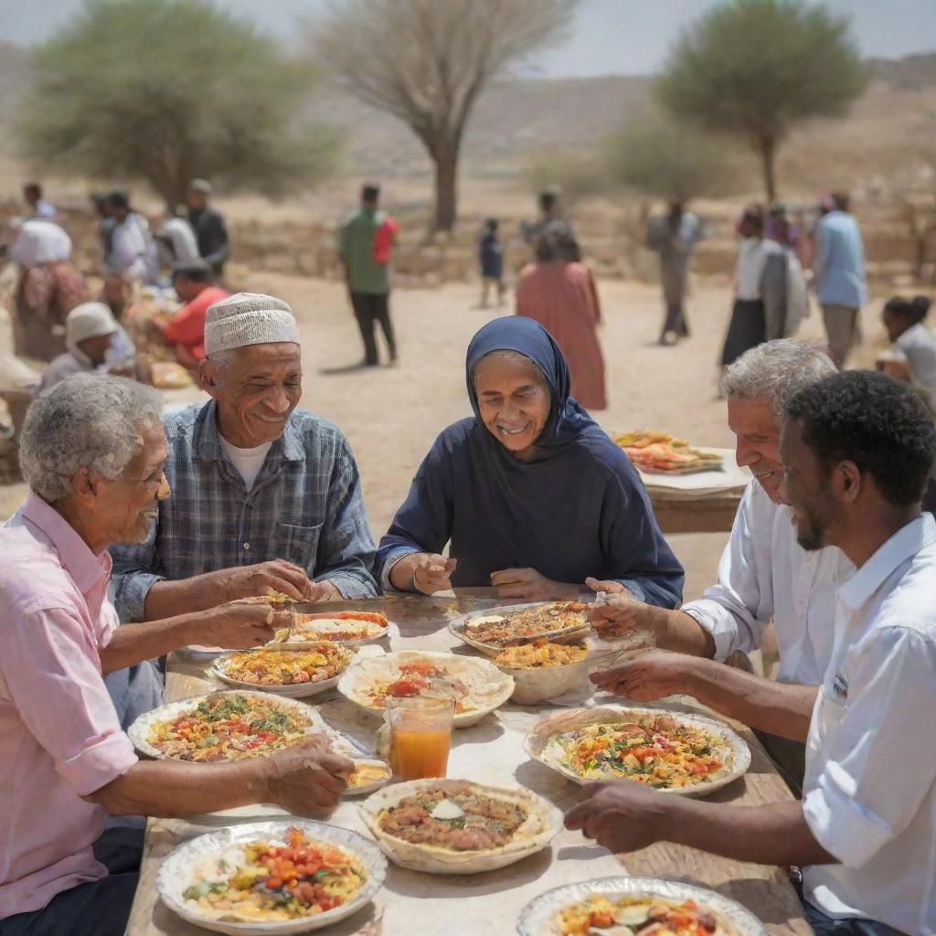 South African and Palestinian people in a display of friendship, sharing traditional meals, music, and culture in a peaceful, sunny outdoors setting