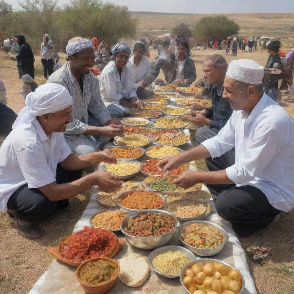 South African and Palestinian people in a display of friendship, sharing traditional meals, music, and culture in a peaceful, sunny outdoors setting