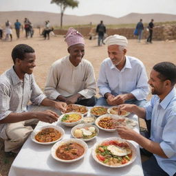 South African and Palestinian people in a display of friendship, sharing traditional meals, music, and culture in a peaceful, sunny outdoors setting