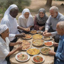 South African and Palestinian people in a display of friendship, sharing traditional meals, music, and culture in a peaceful, sunny outdoors setting