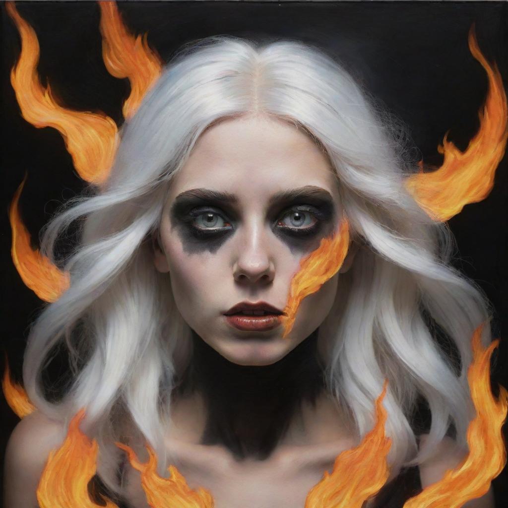 A girl straddling the line between reality and caricature, with wide, vacant white eyes, flaming white hair, leaning towards the viewer. Half her face is consumed by fire, transforming into black coal.