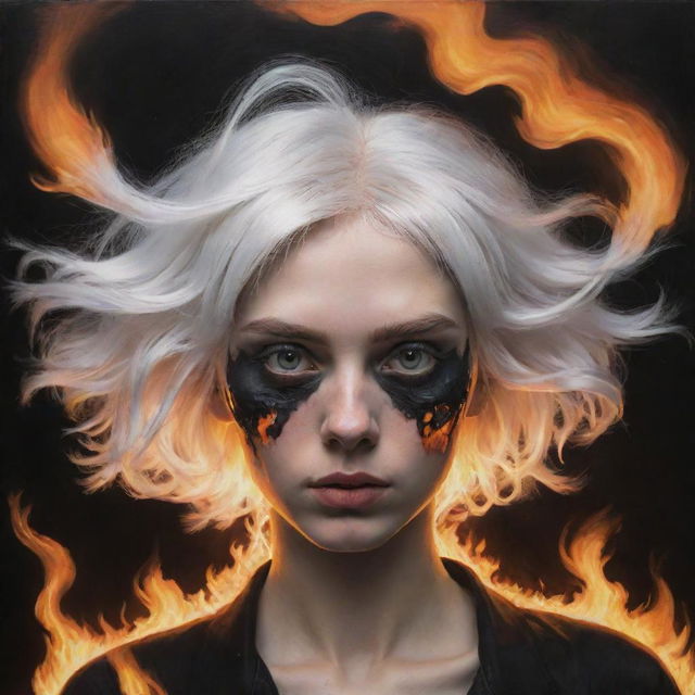 A girl straddling the line between reality and caricature, with wide, vacant white eyes, flaming white hair, leaning towards the viewer. Half her face is consumed by fire, transforming into black coal.