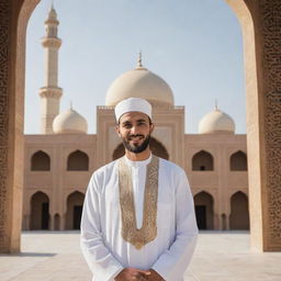 A man respectfully dressed in traditional Islamic attire, with features of kindness and wisdom, standing against a backdrop of Islamic architecture.