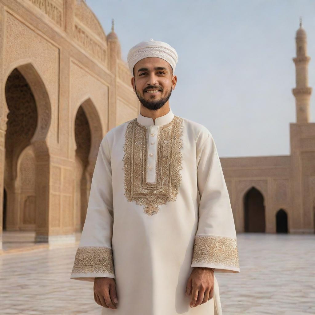 A man respectfully dressed in traditional Islamic attire, with features of kindness and wisdom, standing against a backdrop of Islamic architecture.