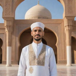 A man respectfully dressed in traditional Islamic attire, with features of kindness and wisdom, standing against a backdrop of Islamic architecture.