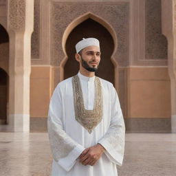 A man respectfully dressed in traditional Islamic attire, with features of kindness and wisdom, standing against a backdrop of Islamic architecture.