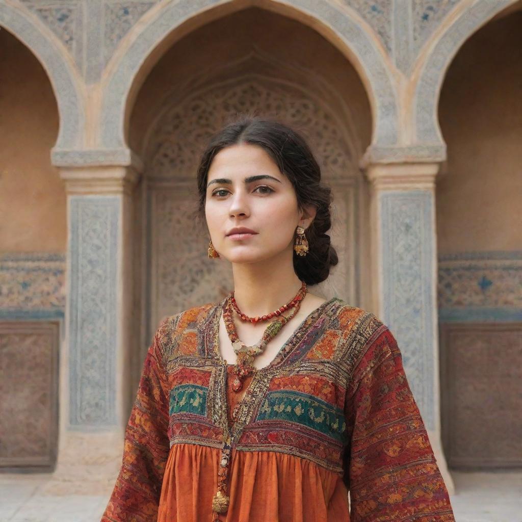 Craft an image radiating with Kurdish vibe, showcasing traditional clothing, architecture, and nature, drenched in warm, vibrant hues.