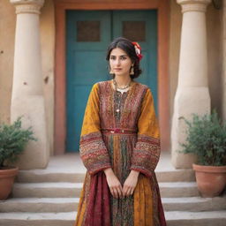 Craft an image radiating with Kurdish vibe, showcasing traditional clothing, architecture, and nature, drenched in warm, vibrant hues.