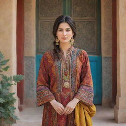 Craft an image radiating with Kurdish vibe, showcasing traditional clothing, architecture, and nature, drenched in warm, vibrant hues.