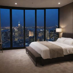 A luxury bedroom with a breathtaking night city view observed through large windows, captured in 4k high definition.