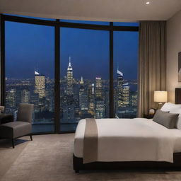 A luxury bedroom with a breathtaking night city view observed through large windows, captured in 4k high definition.